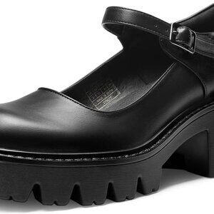 Women's Faux Leather Mary Janes Platform Pumps Low Heel Buckle Ankle Strap